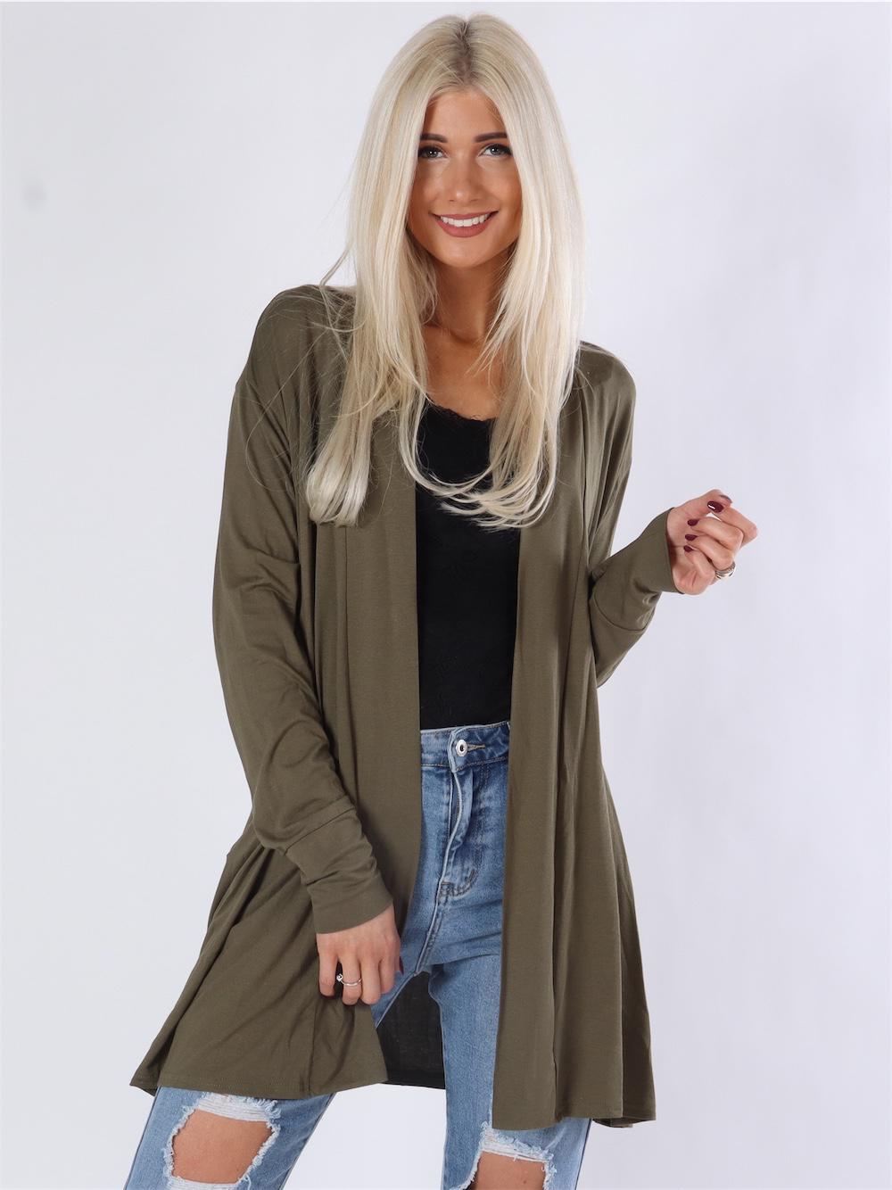 Kamila midi - Armygrøn jersey cardigan med lange ærmer